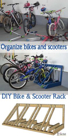 three pictures showing different types of bikes and scooters in a storage area with text that reads organize bikes and scooters diy diy bike & scooter rack