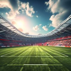 an empty soccer stadium with red seats and green grass on the field, as the sun sets