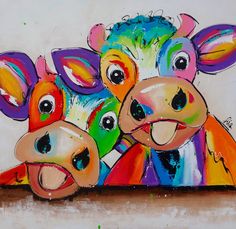 a painting of two colorful cows sitting next to each other