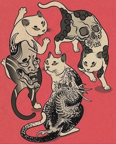 three cats are standing on their hind legs in front of a red background with black and white designs