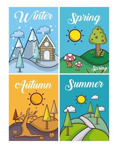 four seasons cards with trees and houses