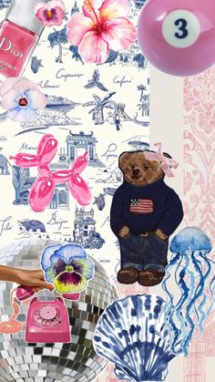 a collage of various items including a teddy bear, pink balloon and other things