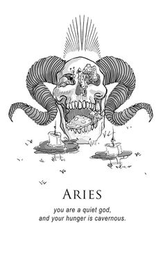 an image of a skull with horns on it's head and the words aries written