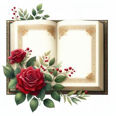 an open book with red roses and greenery on the pages, surrounded by leaves