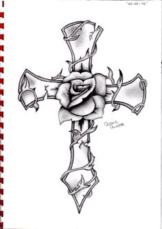 a cross with roses on it is drawn in black and white ink by the artist