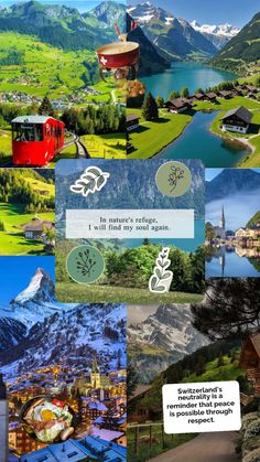 a collage of pictures with mountains, houses and trees in the foreground are shown