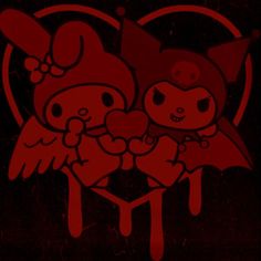 an image of two cartoon characters with hearts in their hands on a dark background that appears to be red