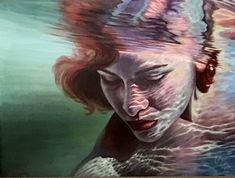 a painting of a woman in the water with her eyes closed and hair blowing back