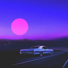 an old car driving down the road in front of a pink and purple sky at sunset