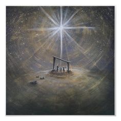 a painting of a manger scene with the birth of jesus in the center and stars above it