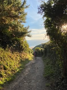 a person walking down a dirt road next to some trees and water on the other side