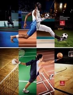 four different shots of men playing tennis and basketball