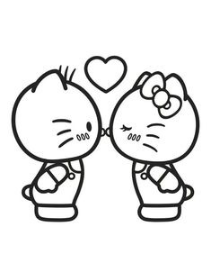 two cartoon cats kissing each other with hearts above them