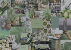 a collage of green and white pictures with trees, plants, cars, and people