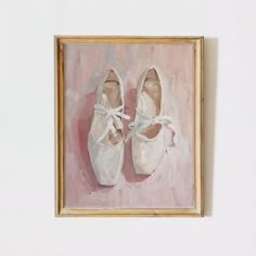 an oil painting of white shoes on a pink background by a gold framed art piece