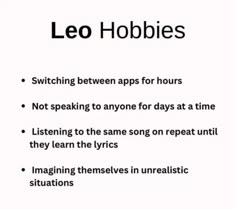 the words leo hobbies written in black and white