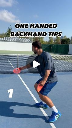 a man holding a tennis racquet on top of a tennis court with the words, one handed backhand tips