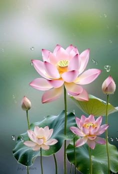 three pink water lilies with green leaves and drops of dew on the water surface