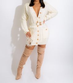 Slip into the Pretty In Pearls Sweater Mini Dress Ivory and experience the definition of sophisticated femininity. This stylish design is crafted from a sumptuous knit fabric and features long sleeves with a flirtatious V-neckline, pearl-embellished accents, and a waist-cinching belt for a flattering fit. Offering an elegant balance between day and night, this refined piece is perfect for both occasions. Pair with a mini bag fabulous thigh high boots or heels for a knock out look. Model wearing Classy Sweater, Sweater Mini Dress, Sweater Dress Outfit, Diva Boutique, Classy Casual, Mini Sweater Dress, V Cut, Chunky Sweater, The Pretty