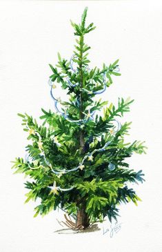 a watercolor painting of a green christmas tree with blue ribbon around it's branches