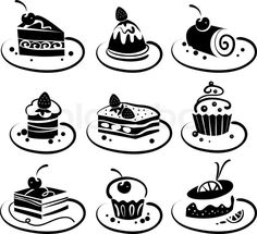 different types of cakes and pastries in black on a white background stock photo colourbox