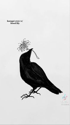 a drawing of a black bird with a flower in its beak on a white background