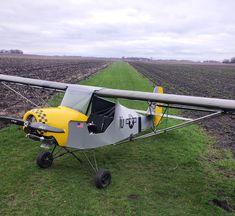 a yellow and gray airplane sitting on top of a field next to an open field