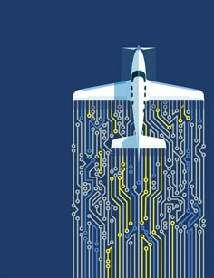 an airplane is flying over a circuit board with yellow and blue lines on the bottom