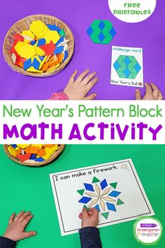 the new year's pattern block math activity with hands and fingers on top of it