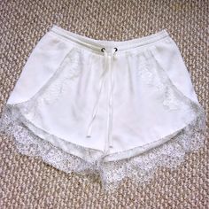 Never Worn Elastic Waistband With Drawstring Lace Trim Shorts, White Lace, White Shorts, Womens Shorts, White, Lace, Women Shopping, Color