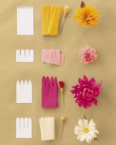 paper flowers and combs laid out on a table