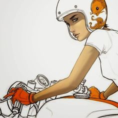 a drawing of a person on a motorcycle wearing a helmet and gloves with an orange fish on it's side