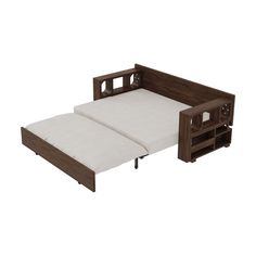 the bed frame is made out of wood and has two mattresses on each side