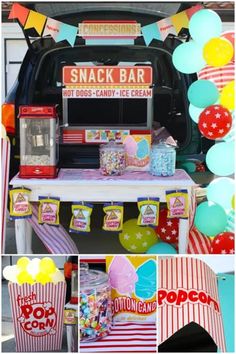 an ice cream stand is decorated with balloons and streamers for a snack bar party