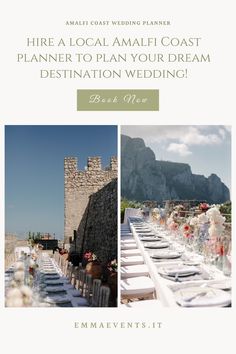 a table set up for a wedding with flowers and place settings in front of it