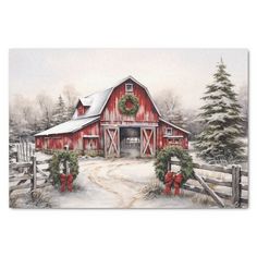 a painting of a red barn with wreaths on it