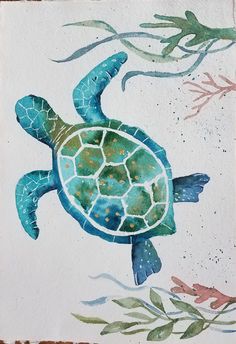 a painting of a green turtle swimming in the ocean with corals and seaweed