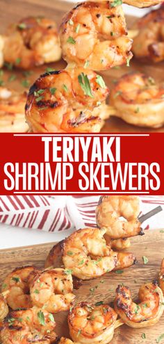 shrimp skewers on a cutting board with text overlay that reads teriyaki shrimp skewers