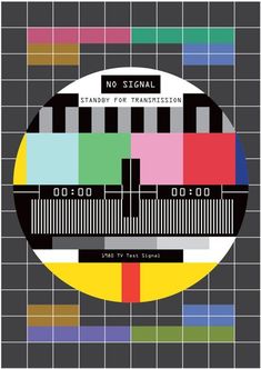 an old tv test pattern with no signal on the screen, and it says standby for transition