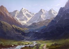 a painting of mountains with a river in the foreground