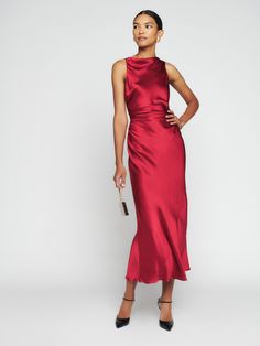 Casette Silk Dress - Sleeveless Midi | Reformation Pleated Satin Dress, Backless Evening Dress, Satin Evening Dresses, Bridal Party Dresses, Dress Inspo, Tie Dress