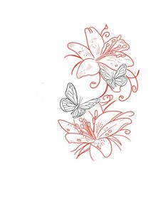 a drawing of two butterflies on top of a flower with swirls and leaves in the background