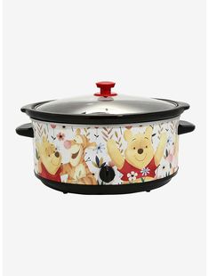 a crock pot with winnie the pooh and friends on it, sitting in front of a white background