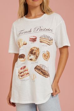 French Pastries Graphic Tee in White | Altar'd State Romper And Boots, Say What You Mean, Sweatshirts For Women, French Pastries, Paris Street, Altard State, Simple Trendy Outfits, Altar'd State, Say What