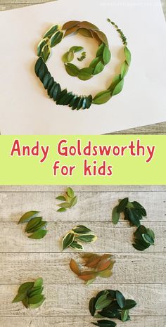 the words andy goldsworthy for kids are surrounded by leaves