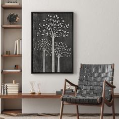 a chair sitting in front of a book shelf next to a painting on the wall