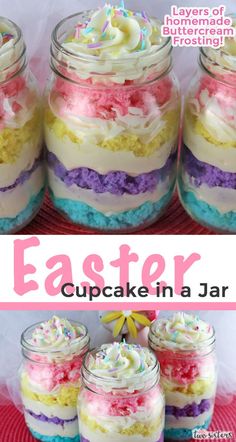 four jars filled with cake and sprinkles on top of a red table