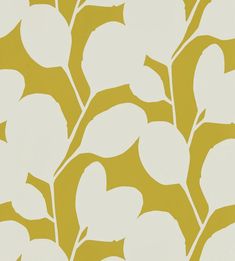 a yellow and white wallpaper with leaves on it