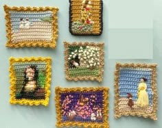 six small crocheted squares with pictures of people and animals on them