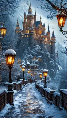 an image of a castle at night in the snow with street lights and lanterns on it